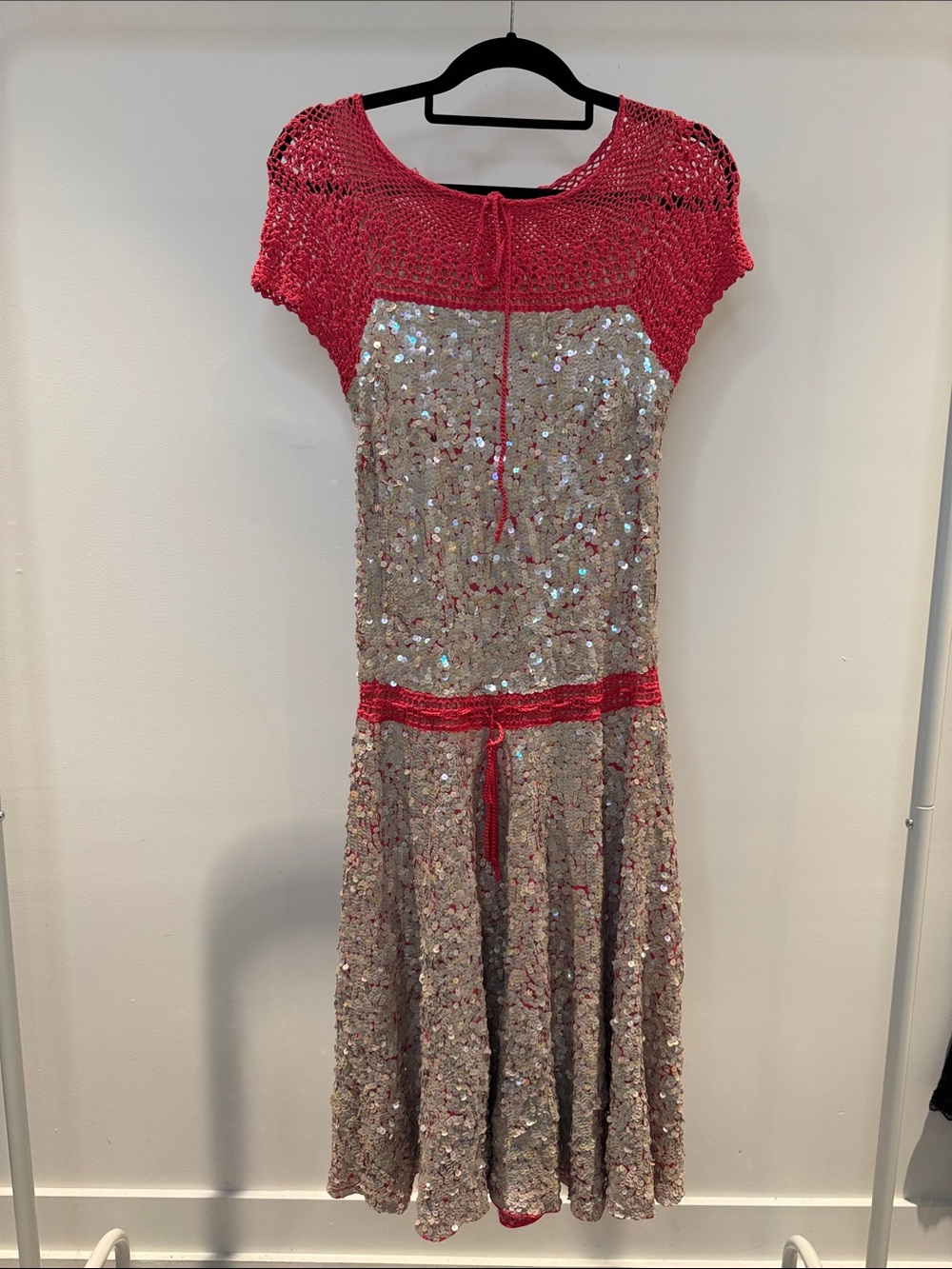 BCBGMaxAzria Pink Crochet Yoke Sequin Dress